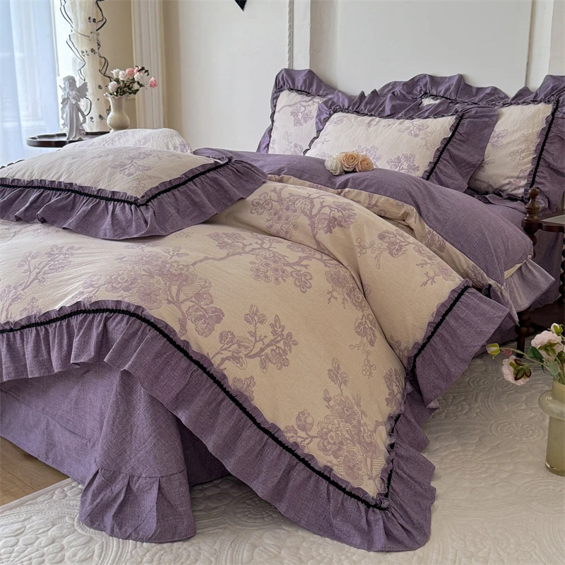 法式复古水洗亚麻四件套花边款加厚被套床单秋冬印花床上用品套件