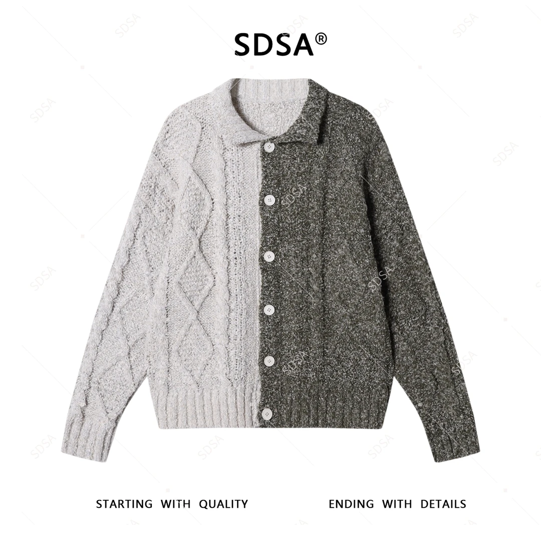 SDSA男士2025新款轻奢痞帅男装拼色菱形格设计纽扣翻领针织毛衣