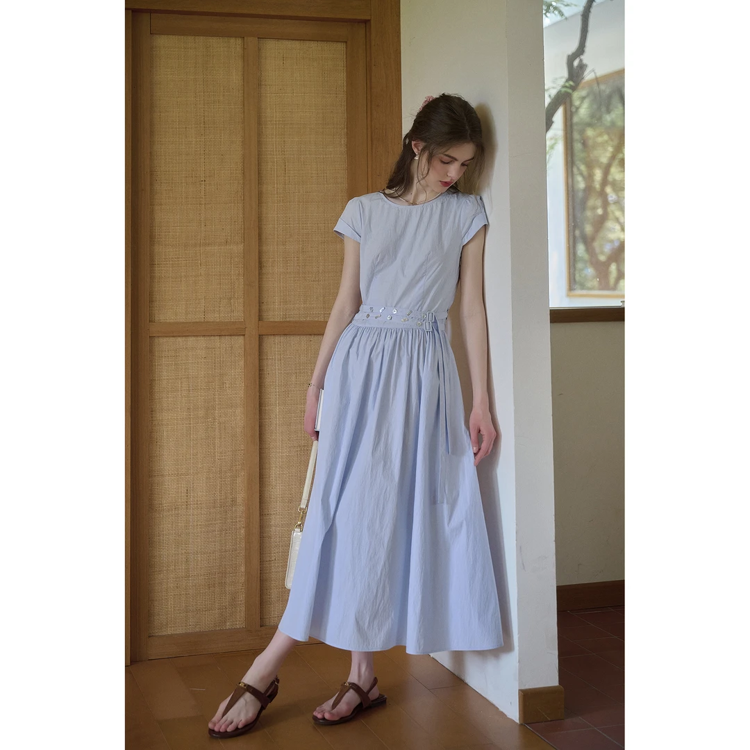 SimpleRetro通勤蓝色腰部系带简约短袖连衣裙女小个子凉感棉裙子