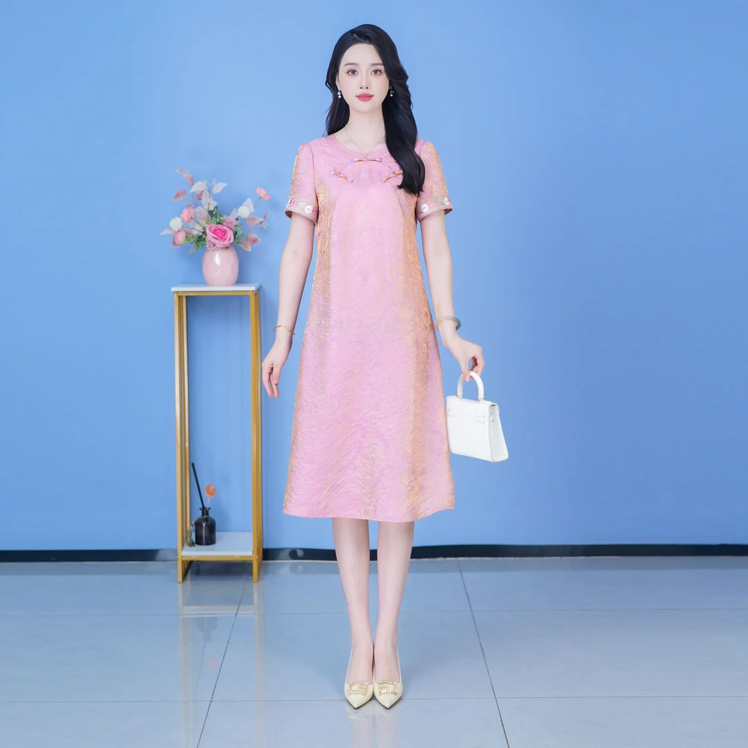 【SJYH2071】2025年夏季新款连衣裙中长款气质收腰印花修身女装