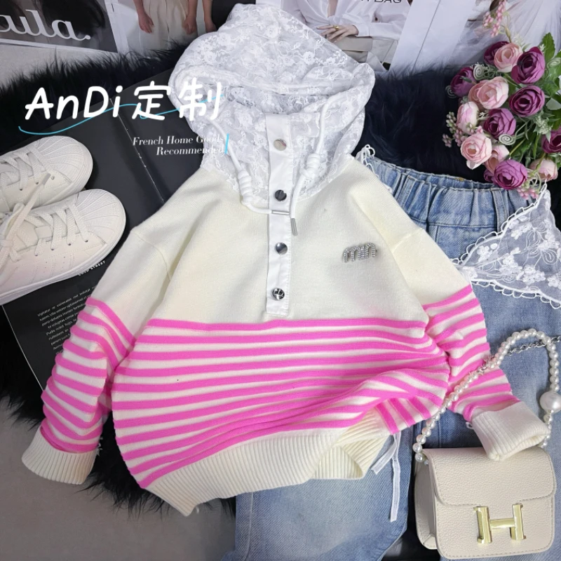 〖ANDI〗订制春季新款中大童女童拼接蕾丝帽设计感韩系毛衣3586