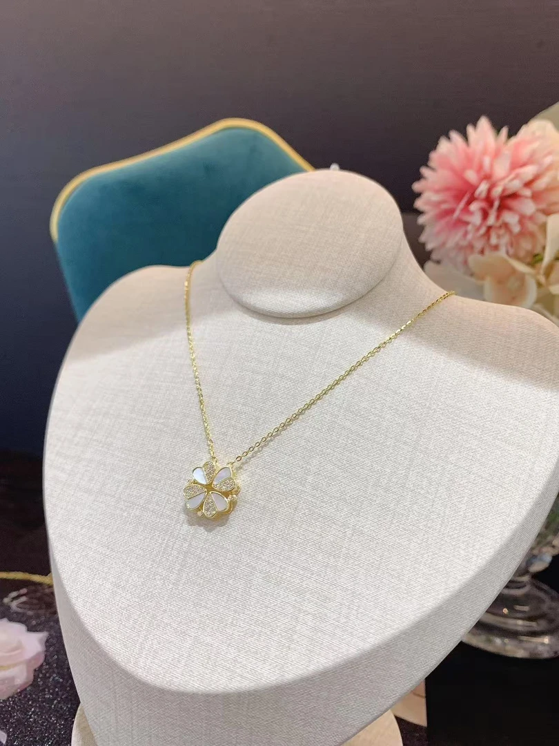 坠链均925银合成锆石 纯银金色幸运草项链百搭锁骨链吊坠轻奢项链