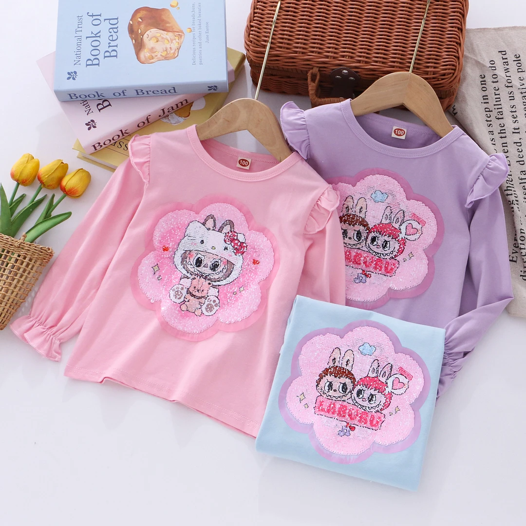 女童变脸亮片图案长袖T恤儿童秋季棉打底衫女宝宝飞袖女孩荷叶边T