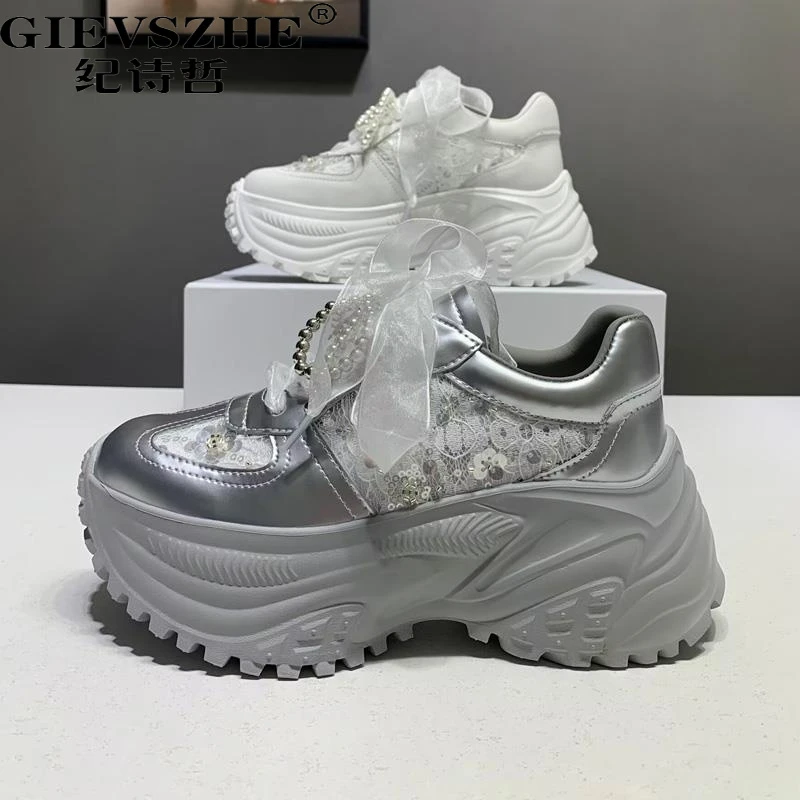 GIEVSZHE纪诗哲厚底休闲鞋女夏新款透气网面松糕鞋增高亮片运动鞋
