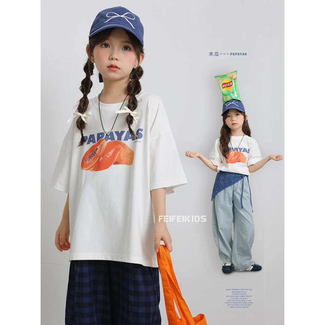女童2025夏季新款美式复古木瓜印花短袖T恤J52G2125