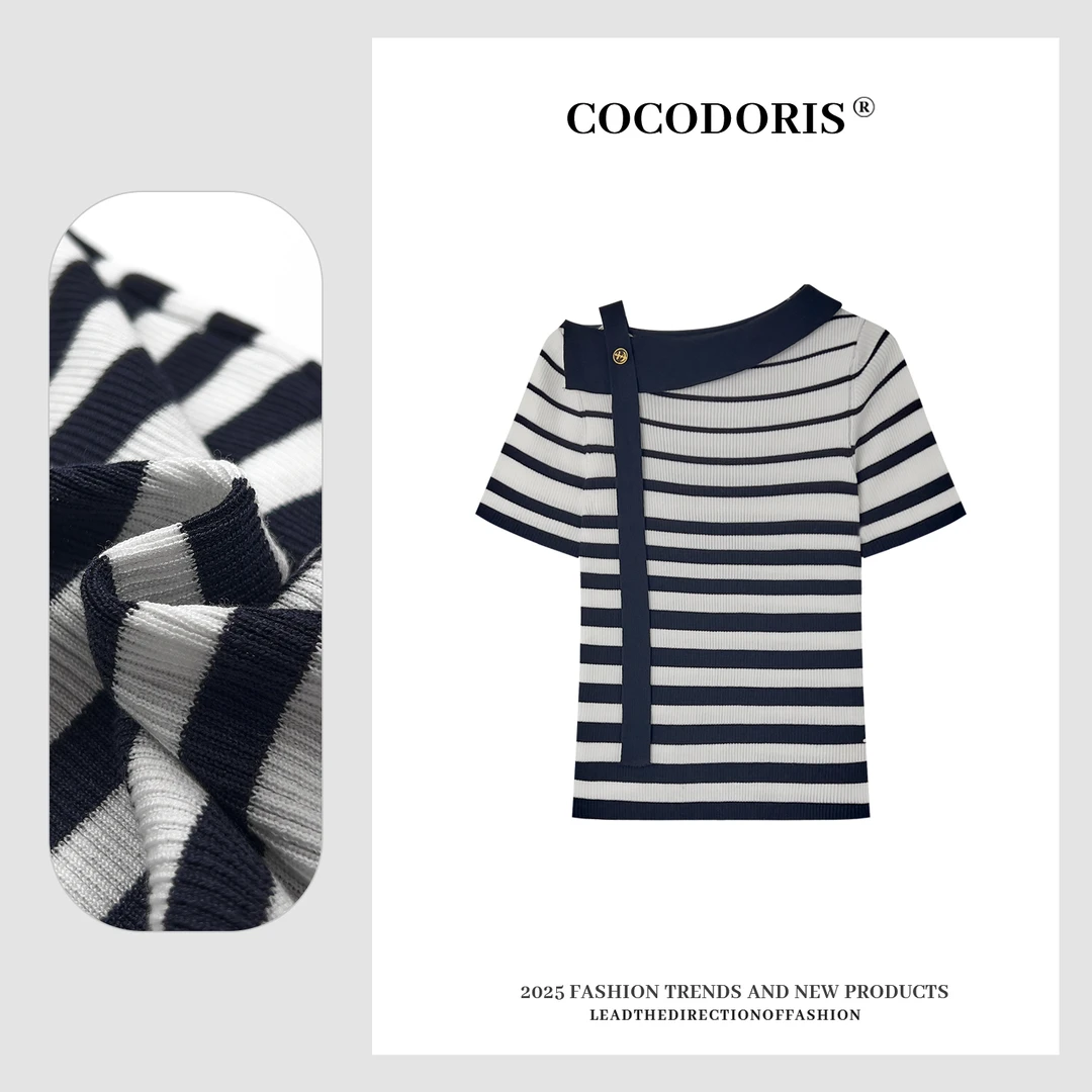 2025新款设计感飘带条纹针织短袖夏季休闲百搭通勤上衣8895