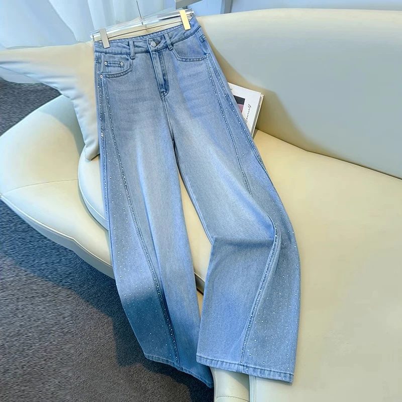 烫钻阔腿牛仔裤女春秋季2025新款宽松垂坠感显瘦弯刀裤潮流直筒裤