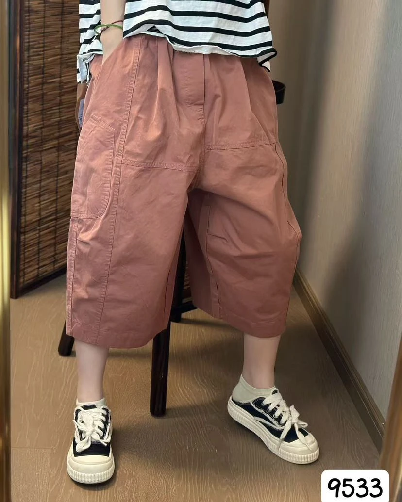夏季新款纯棉休闲裤宽松明线拼接时尚百搭纯色洋气个性潮流