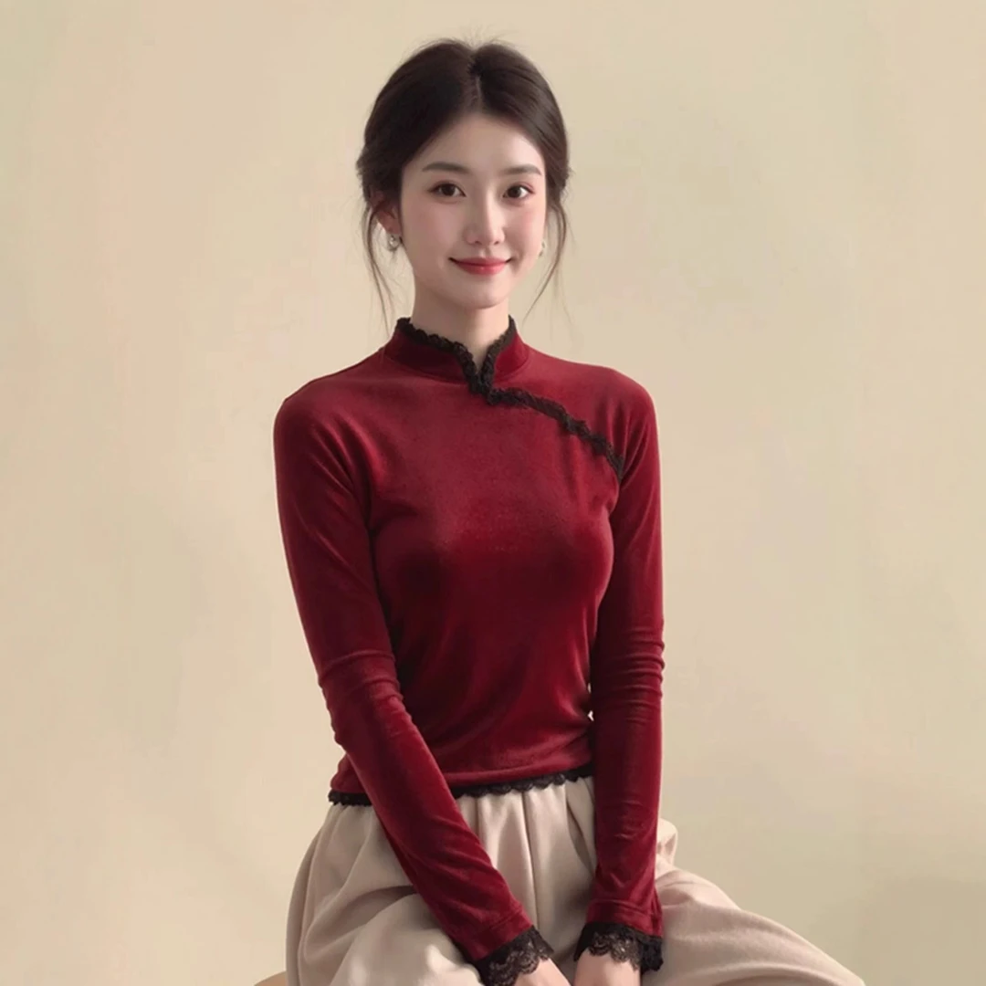 新中式国风红色蕾丝花边立领丝绒上衣女秋冬修身复古巨好看的小衫