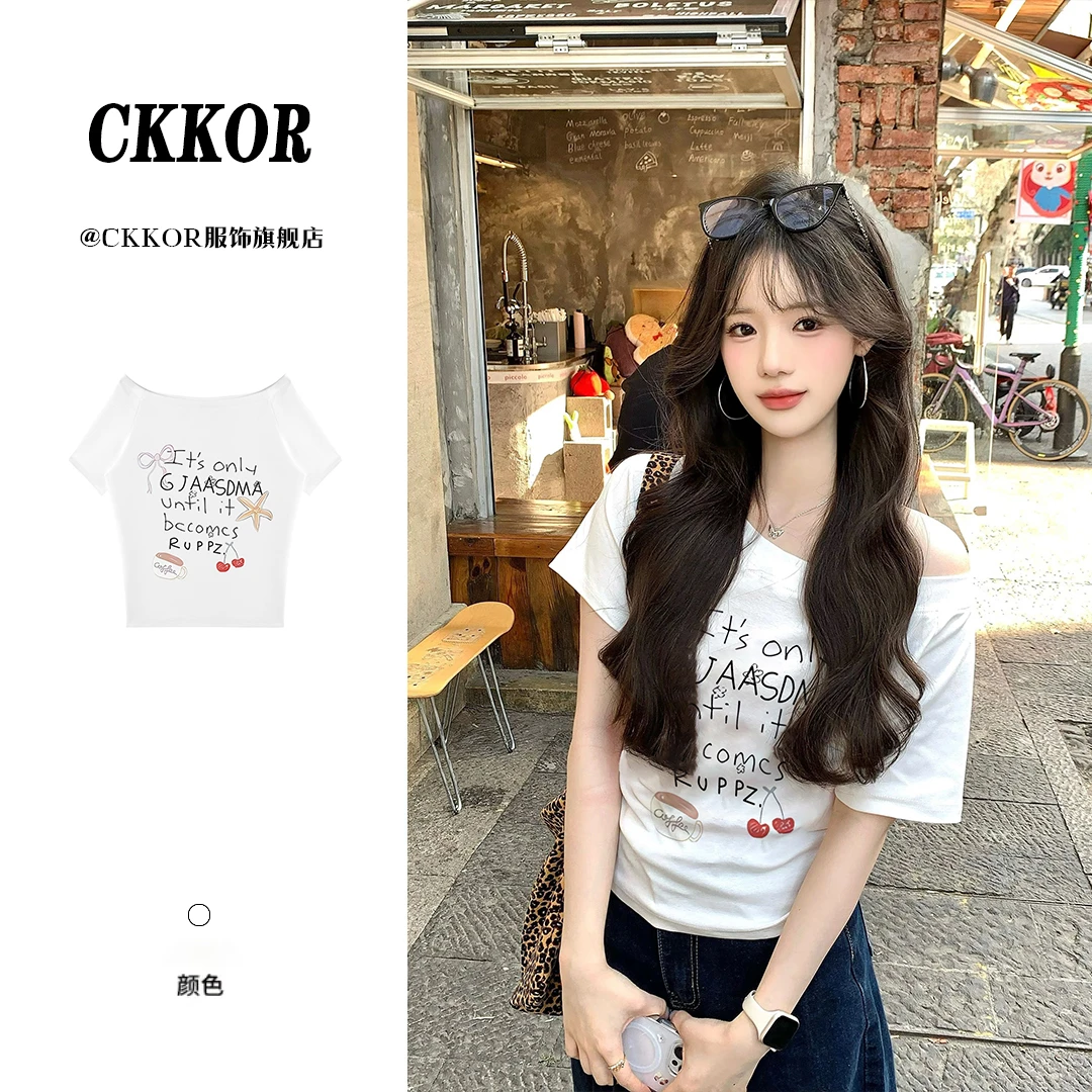 CKKOR夏季韩版甜辣妹风穿搭一字露肩宽松短袖女t恤多元素印花上衣