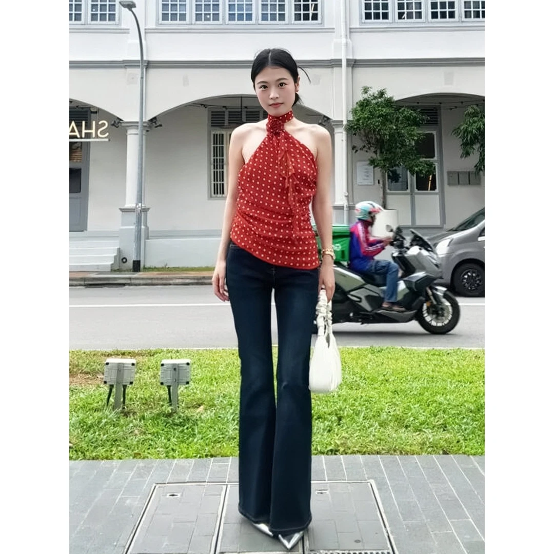 性感无袖挂脖雪纺衫女2025夏季韩系波点背心上衣气质辣妹露背小众