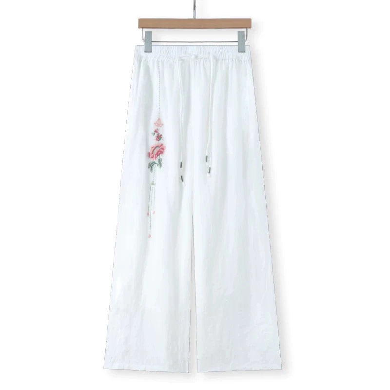 夏季新款气质白色仙女复古风飘逸松紧腰雪纺薄长款休闲裤子