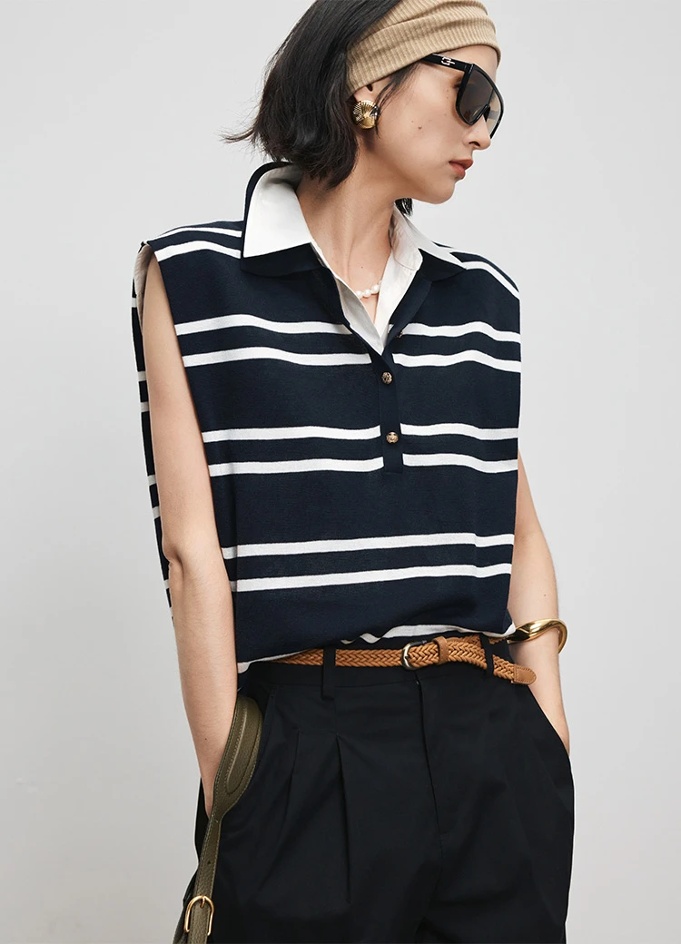 航海系列 2025夏季新款醋酸棉POLO背心 翻领无袖条纹凉感针织马甲