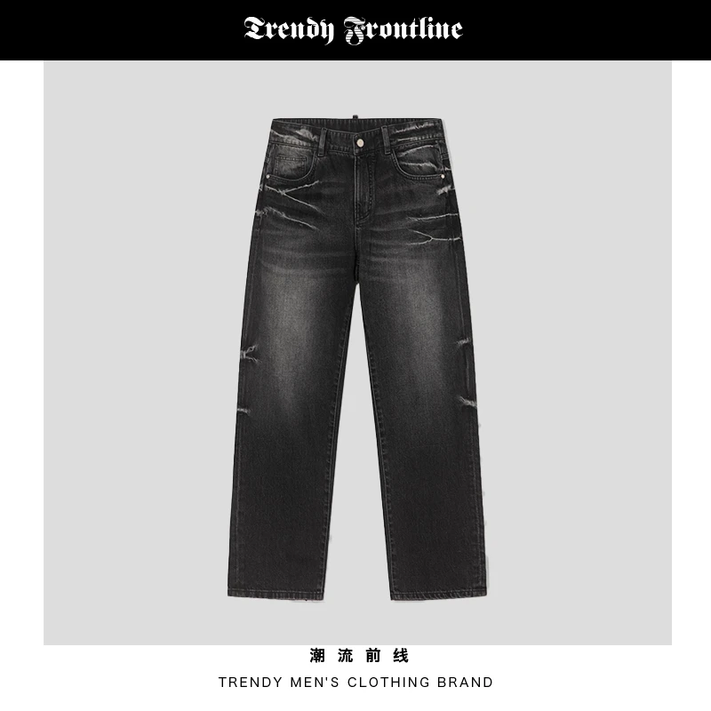 23R+美潮手工扎花重磅洗水阔版牛仔裤2025男款 黑灰  RM2223187