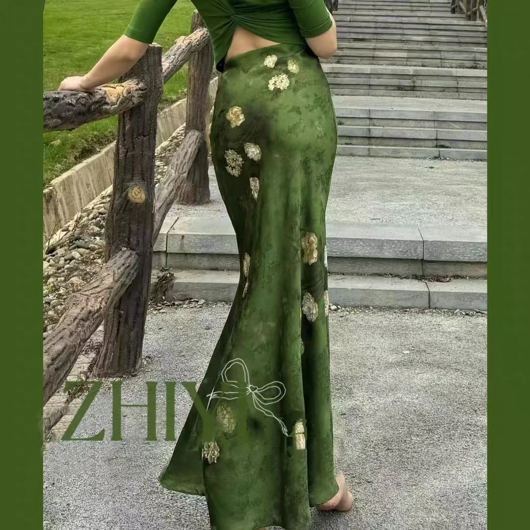 2025夏季新款复古印花半身裙女高腰气质百搭显瘦长款鱼尾修身裙子