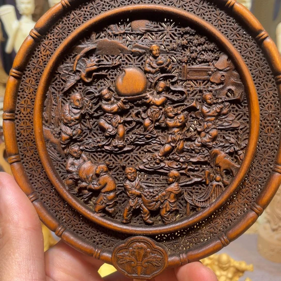 黄杨木做旧百子图扇子