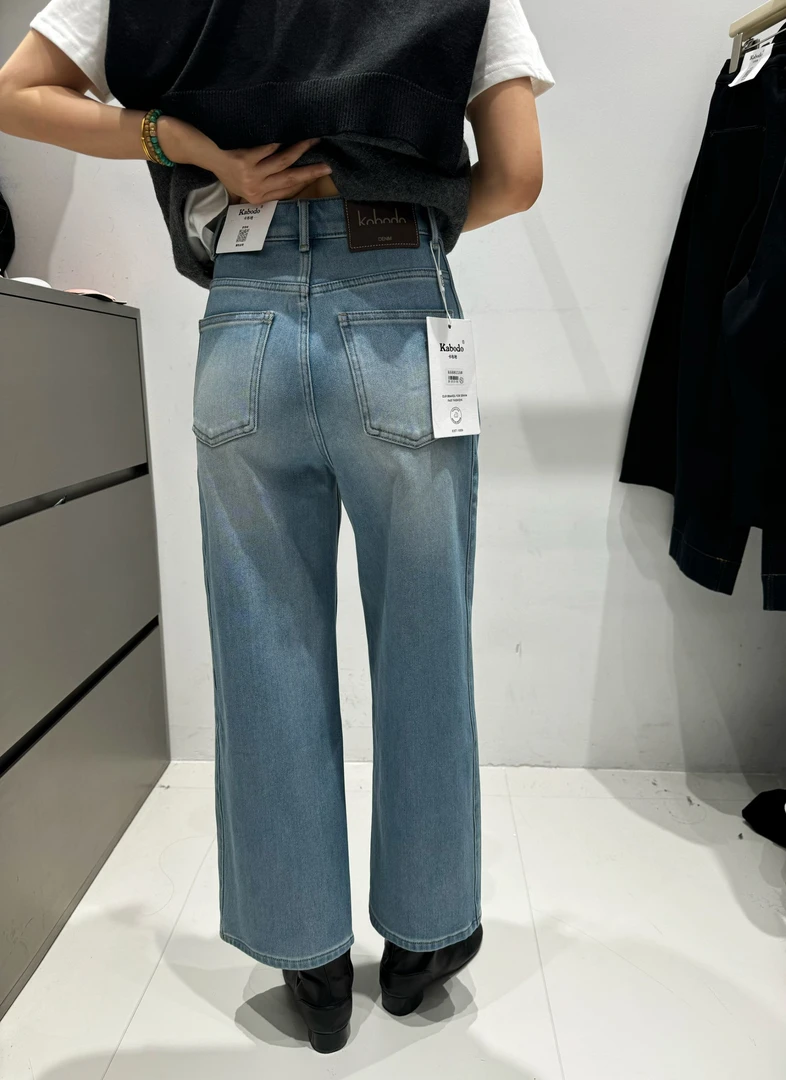 Kabodo68803A加绒直筒牛仔裤女冬新款BK高腰显瘦磨毛九分奶奶裤