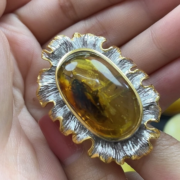 银S925镶嵌颈饰琥珀戒指