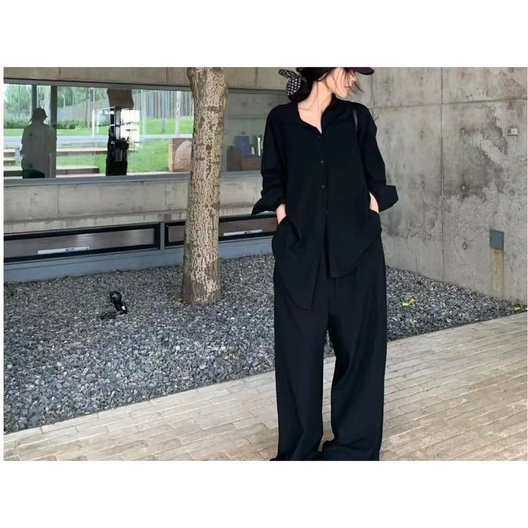 （三万）慵懒松弛穿搭套装黑白polo领长袖防晒衬衫高腰休闲裤2587-2