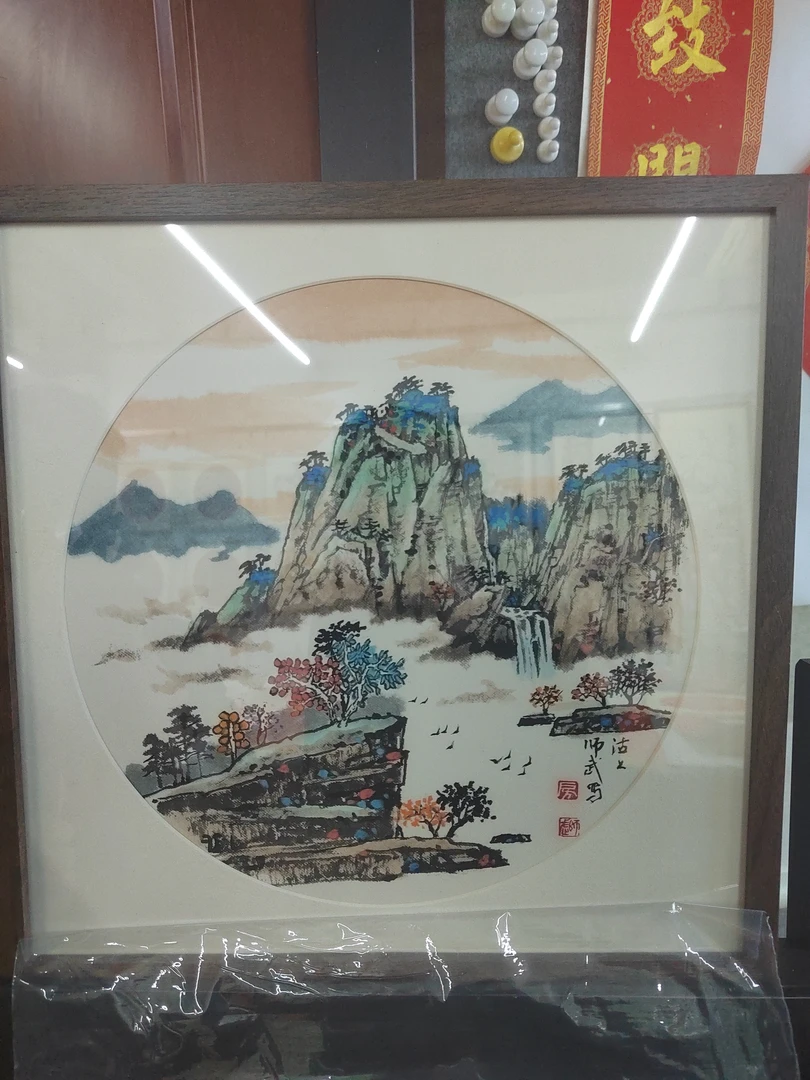 花鸟山水手绘国画带实木框