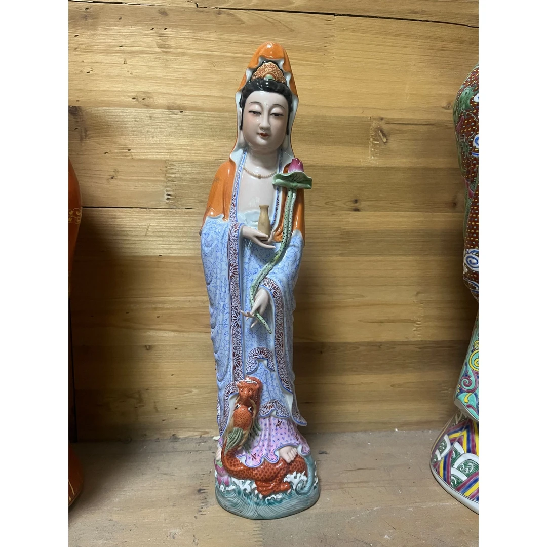 踏龙观音景德镇老艺人精雕珐琅彩乘龙观音像中式家用办公室摆件