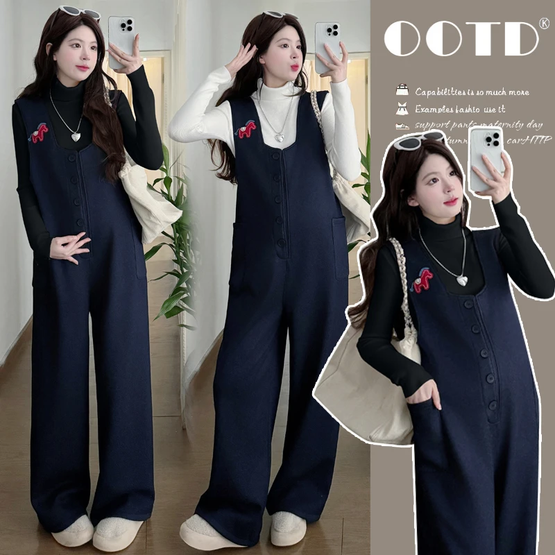 孕妇套装冬季新款宽松加绒加厚刺绣孕妇背带裤+简约舒适打底衫