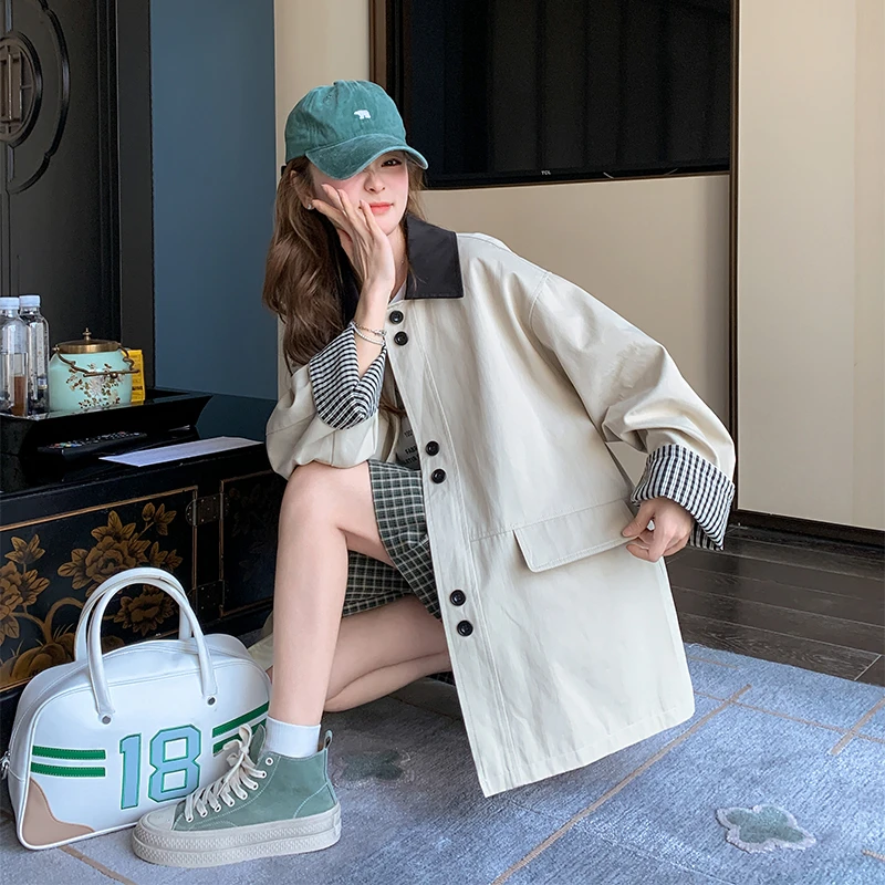 高级感英伦风撞色拼接风衣外套女2025春季新款小个子气质百搭上衣