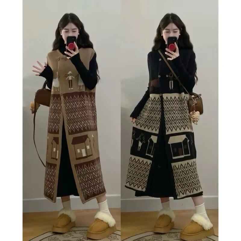 【秋逸柔风专享】大码女装秋冬款连衣裙半高领复古毛衣马甲裙两件套