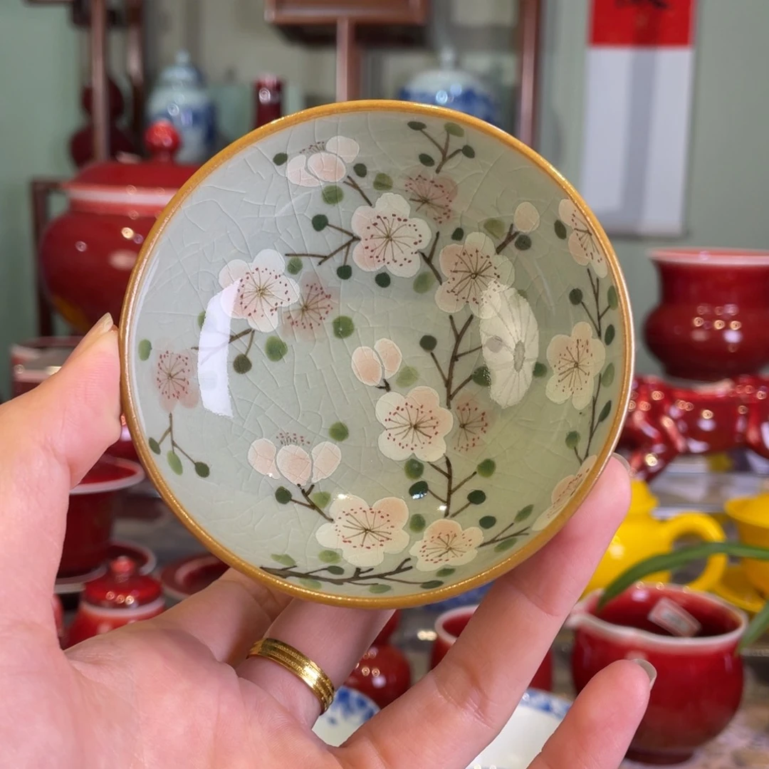 清欢柴窑，老陶泥釉下五彩桃花普洱杯