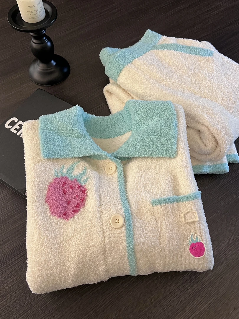 韩版撞色时尚卡通印花毛衣半边绒睡衣女早秋款宽松家居服套装外穿