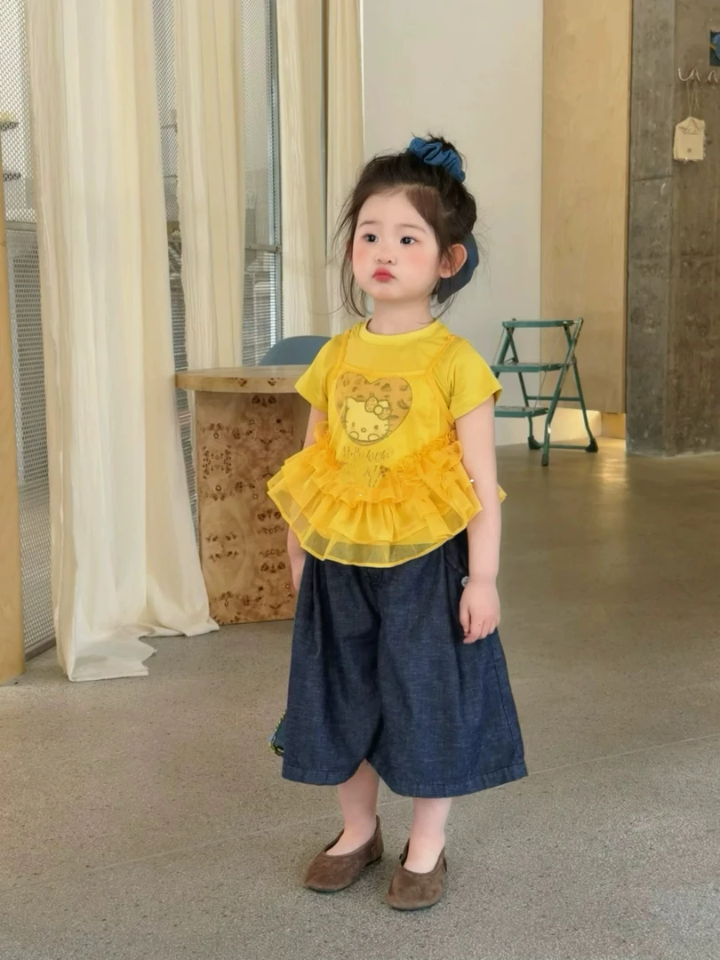 女童夏装T恤短袖韩版儿童蕾丝花边圆领吊带背心上衣套装可爱洋气