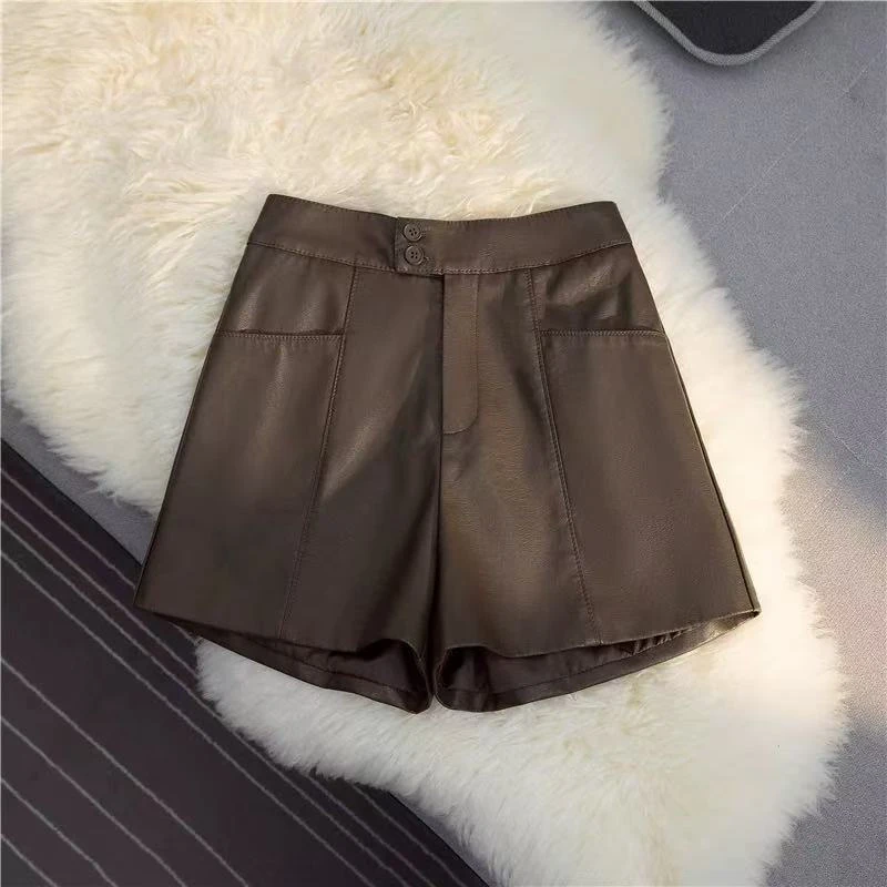 【慕妍专属】3583（裤长40）PU皮高腰显瘦a字阔腿短裤外穿靴裤（带内衬