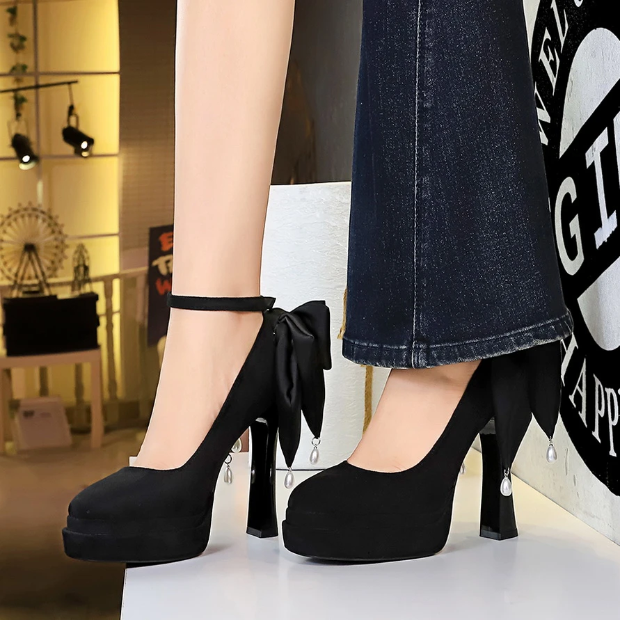 欧美风超高跟鞋双层防水台方头一字式扣带珍珠吊坠后蝴蝶结单鞋女