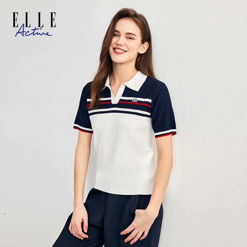 ELLE Active夏季女士条纹毛针织衫polo衫撞色简约翻领短袖上衣女