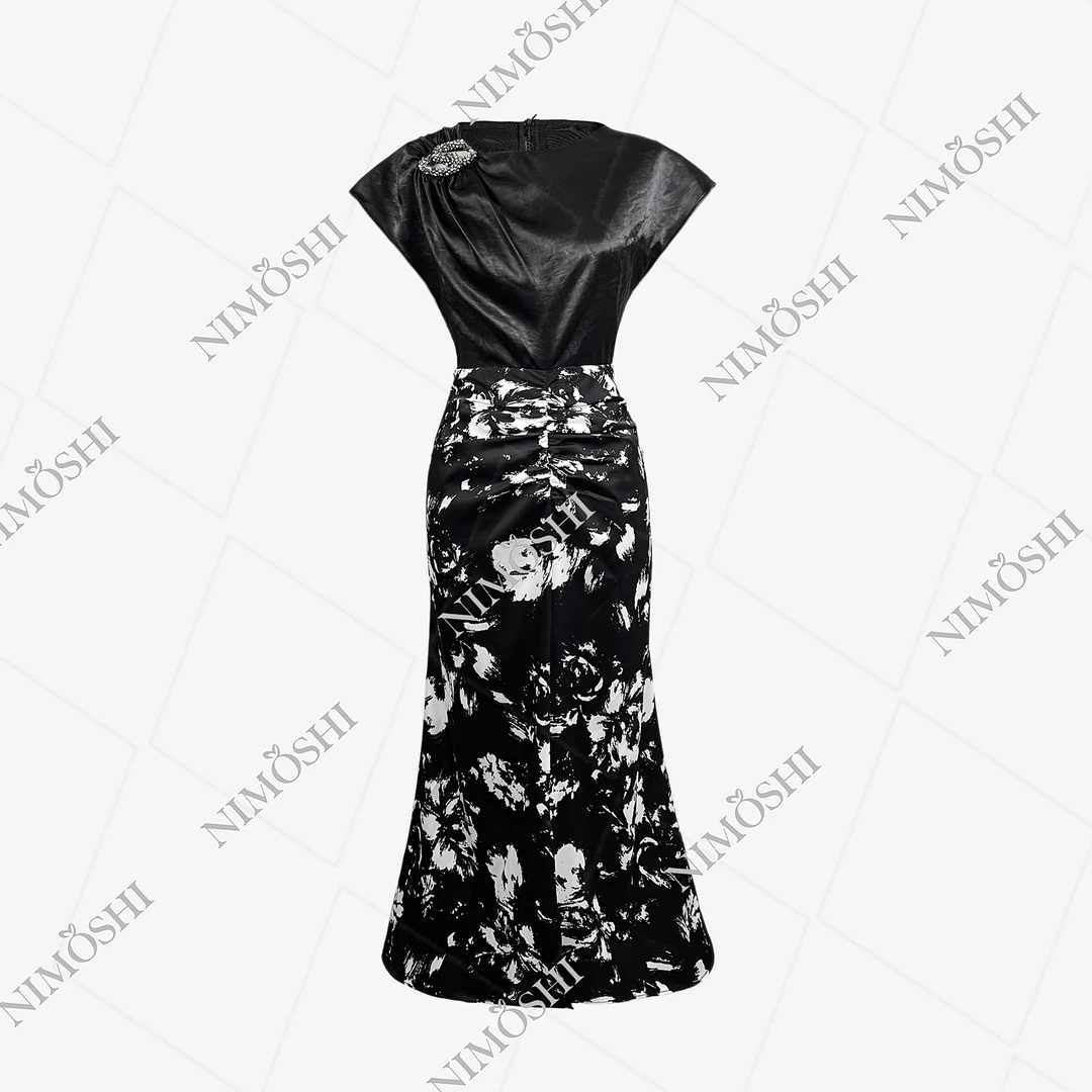 Dan总经典黑白配色泼墨设计蝴蝶袖遮肉气质显瘦连衣裙Q1686