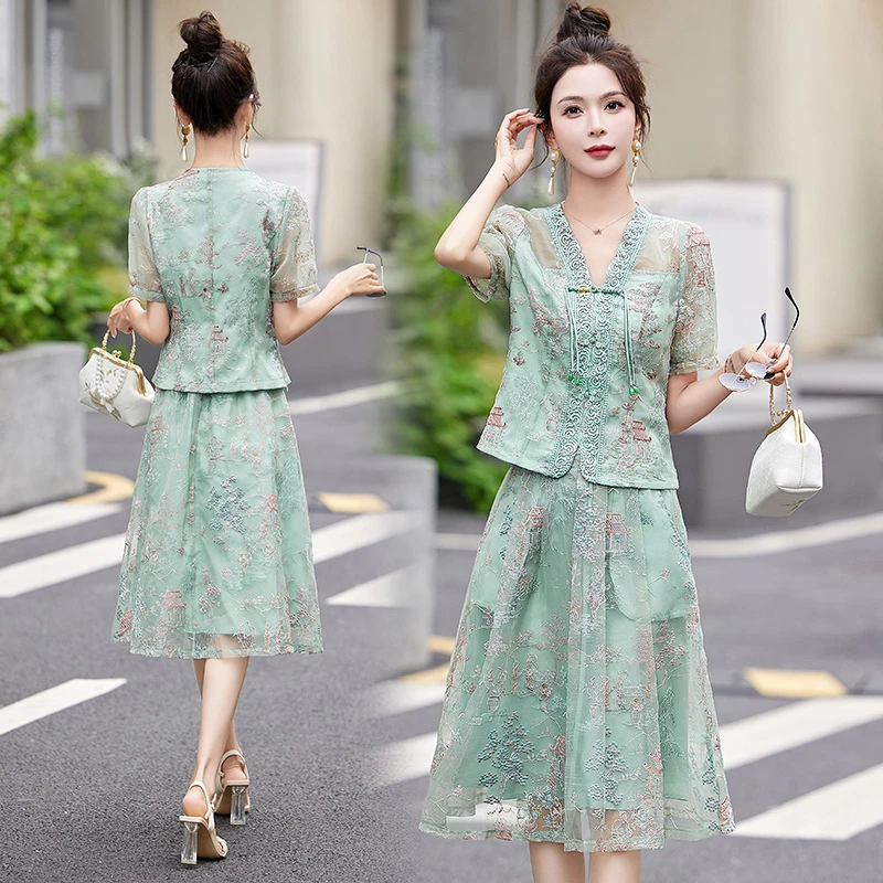 新中式风两件套装连衣裙女夏季时尚高级感显瘦刺绣欧根纱裙子夏