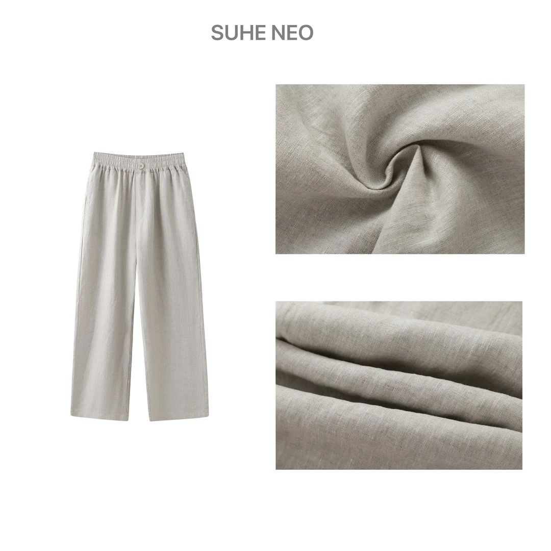 【SUHE NEO】夏季新款高端雨露亚麻简约纽扣款直筒女裤