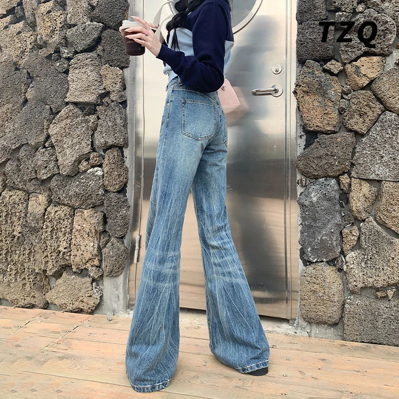 蓝色微喇牛仔裤女2025春秋新款高腰显瘦不贴腿喇叭裤TZQ25010531