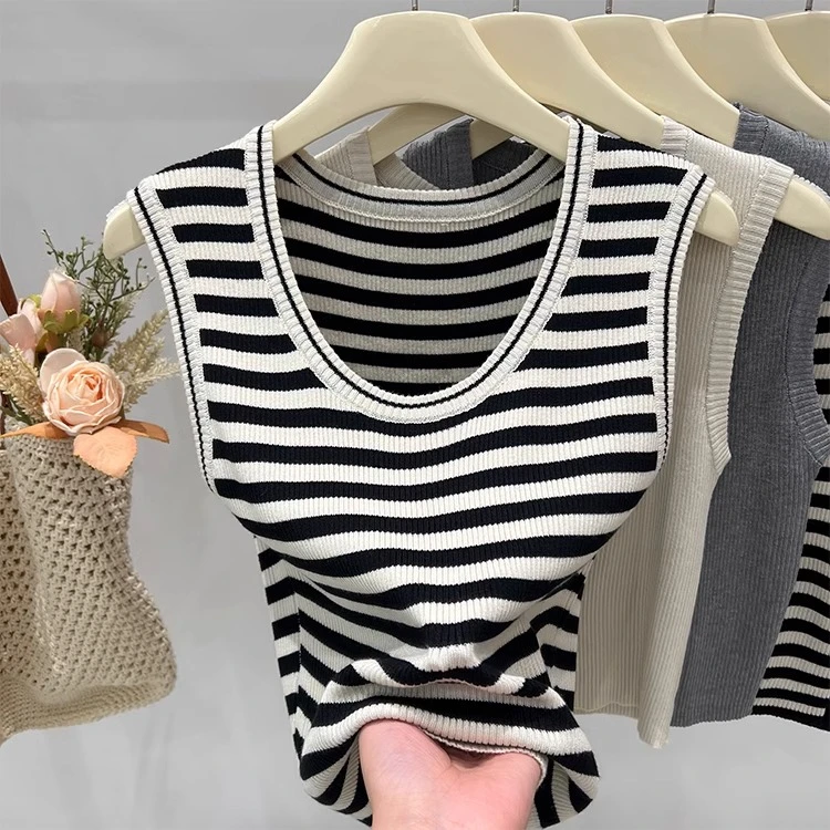 芯娇晴U领针织衫背心吊带女装春季新款低圆领内搭打底衫无袖上衣