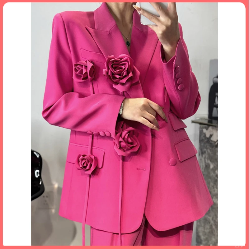 2025秋冬新款小众设计感气质名媛立体花朵西装套装女阔腿裤两件套