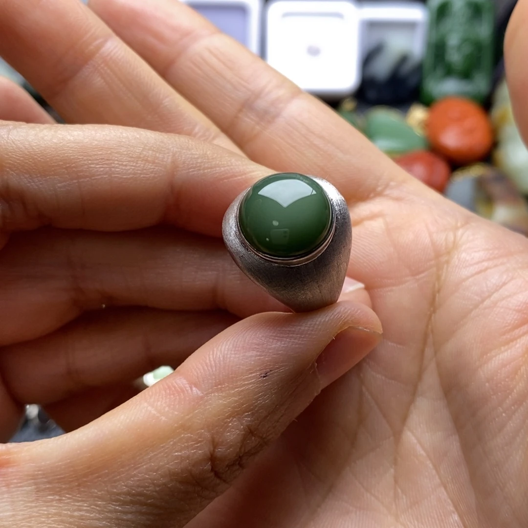 和田玉银S925镶嵌珠宝半成品圈口15