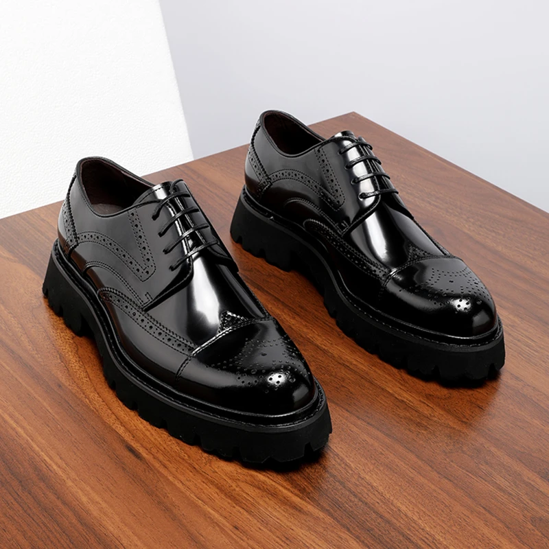 布洛克德比鞋男款真皮亮面商务正装厚底增高皮鞋雕花高档男鞋冬季