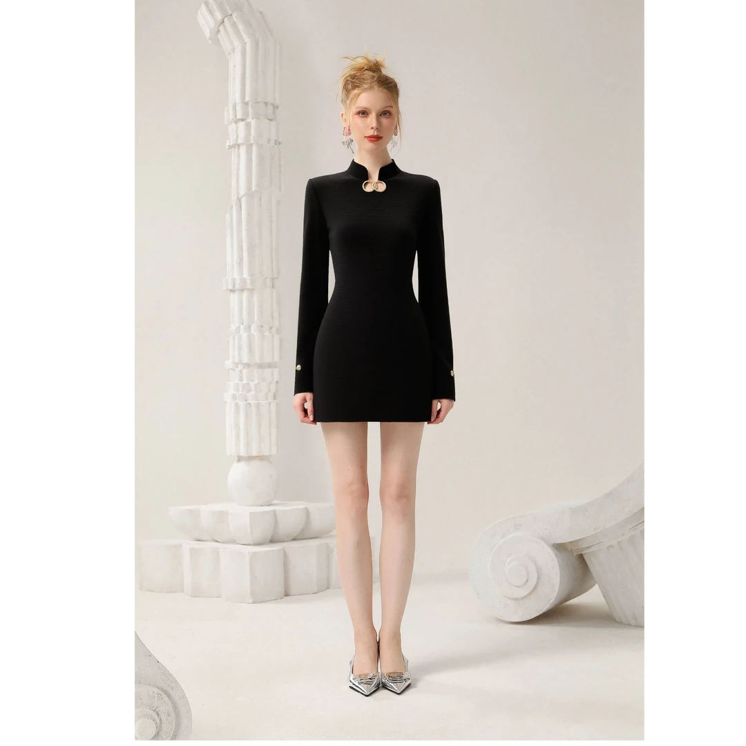 茬客立领短裙中腰高弹力包臀裙连衣裙打底黑色长袖半高领