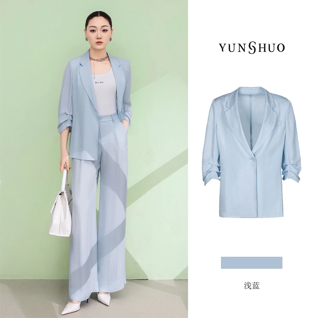 允硕新品V领浅蓝时尚百搭气质正肩简约纯色女装西装上衣446151