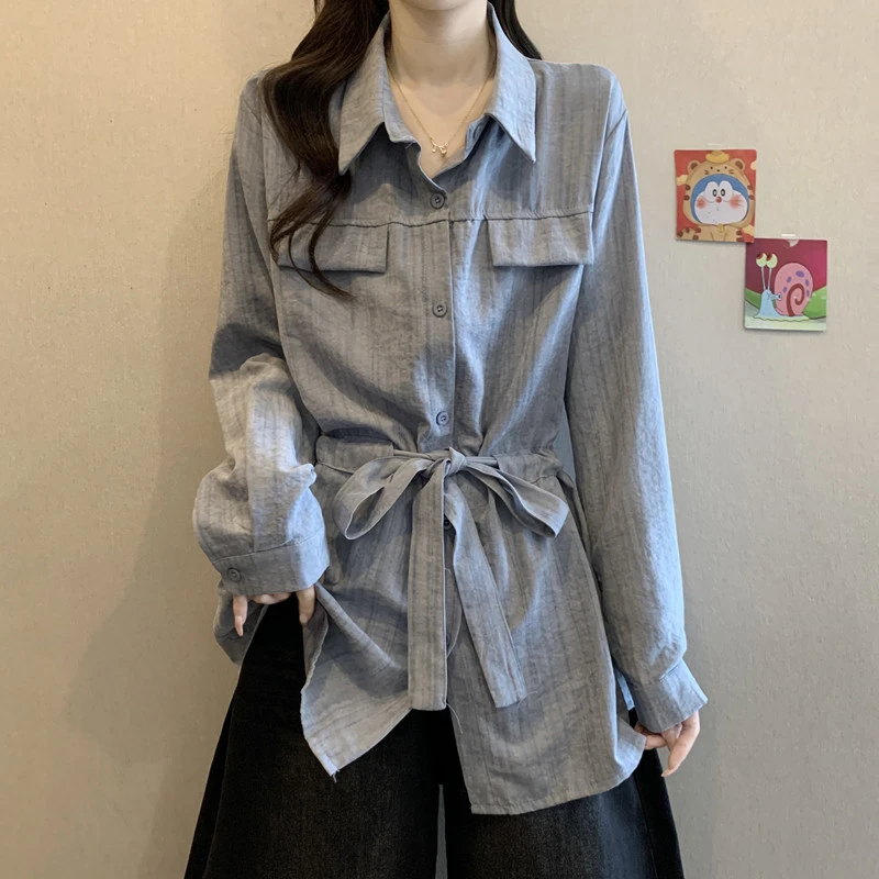 设计感韩系扎染系带polo领长袖衬衫女秋大尺码胖MM收腰显瘦独特上