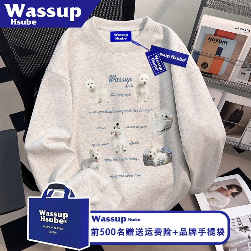 WASSUP HSUBE秋季白灰色上衣小狗印花T恤ins100%纯棉男女新款长袖