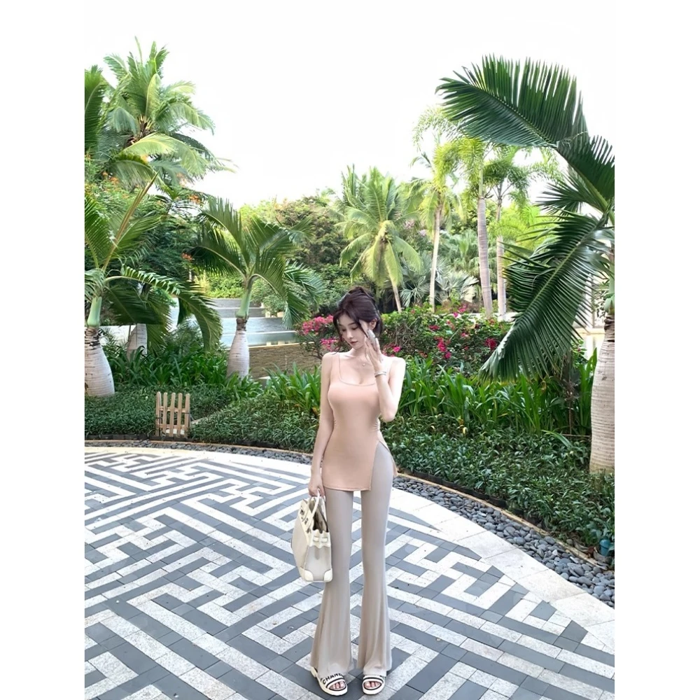 金钱肚【显瘦天菜】米色喇叭针织裤女质感修身显瘦开叉垂垂裤长裤