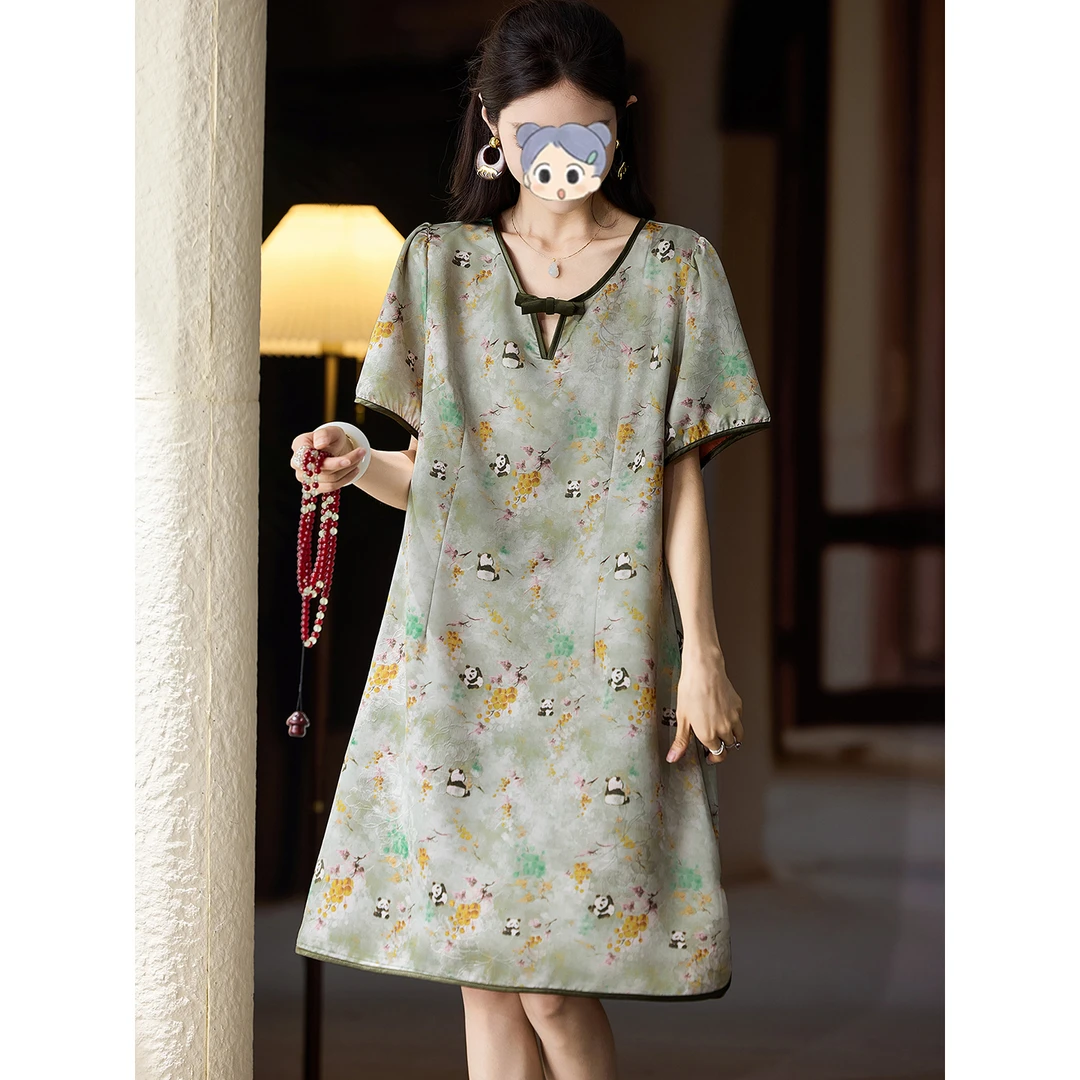 时尚气质显瘦新中式卡通连衣裙女夏季2025年新款大码女装宽松裙子