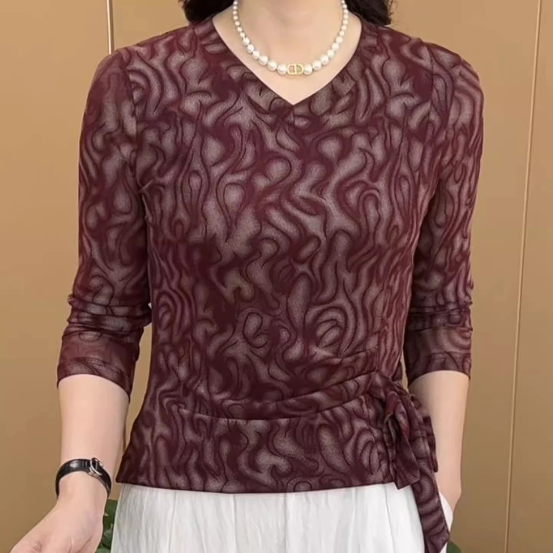早秋新款时尚V领收腰系带设计妈妈装休闲气质百搭女士T恤打底衫