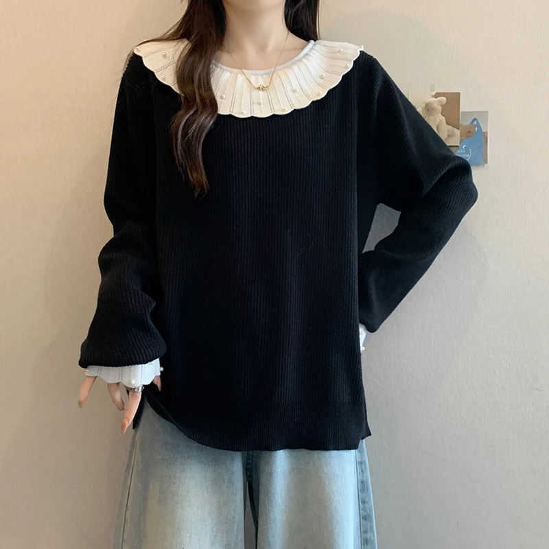 2025秋冬新款胖mm大码女法式设计钉珠娃娃领针织毛衣上衣 72133